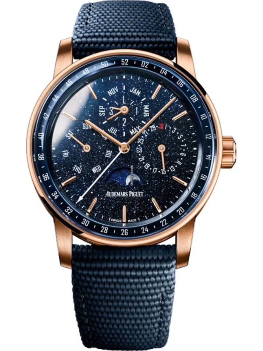 Code 11.59 Perpetual Calendar Blue Dial 18k Rose Gold Rubber-Coated Strap Men's Watch