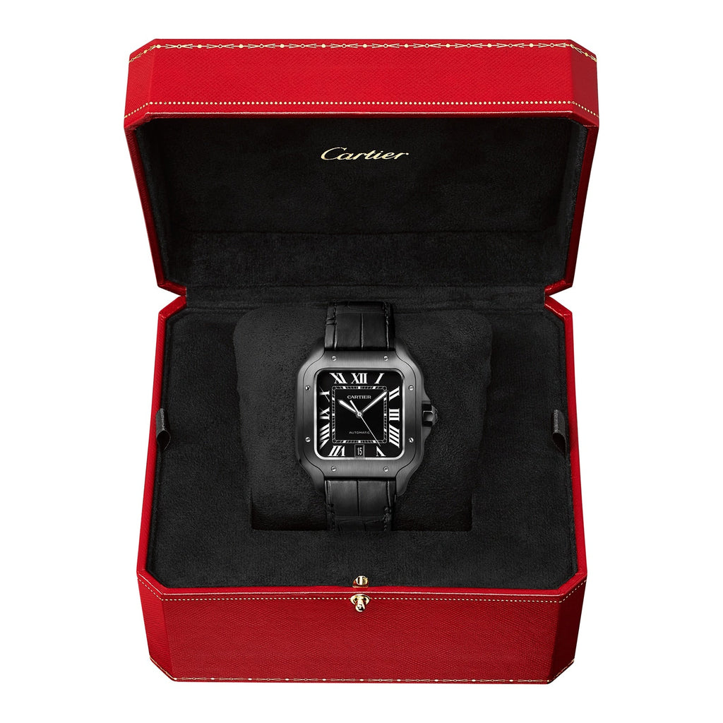 Santos De Cartier Watch Large Model, Automatic Movement, Steel, ADLC, Interchangeable Rubber And Leather Bracelets
