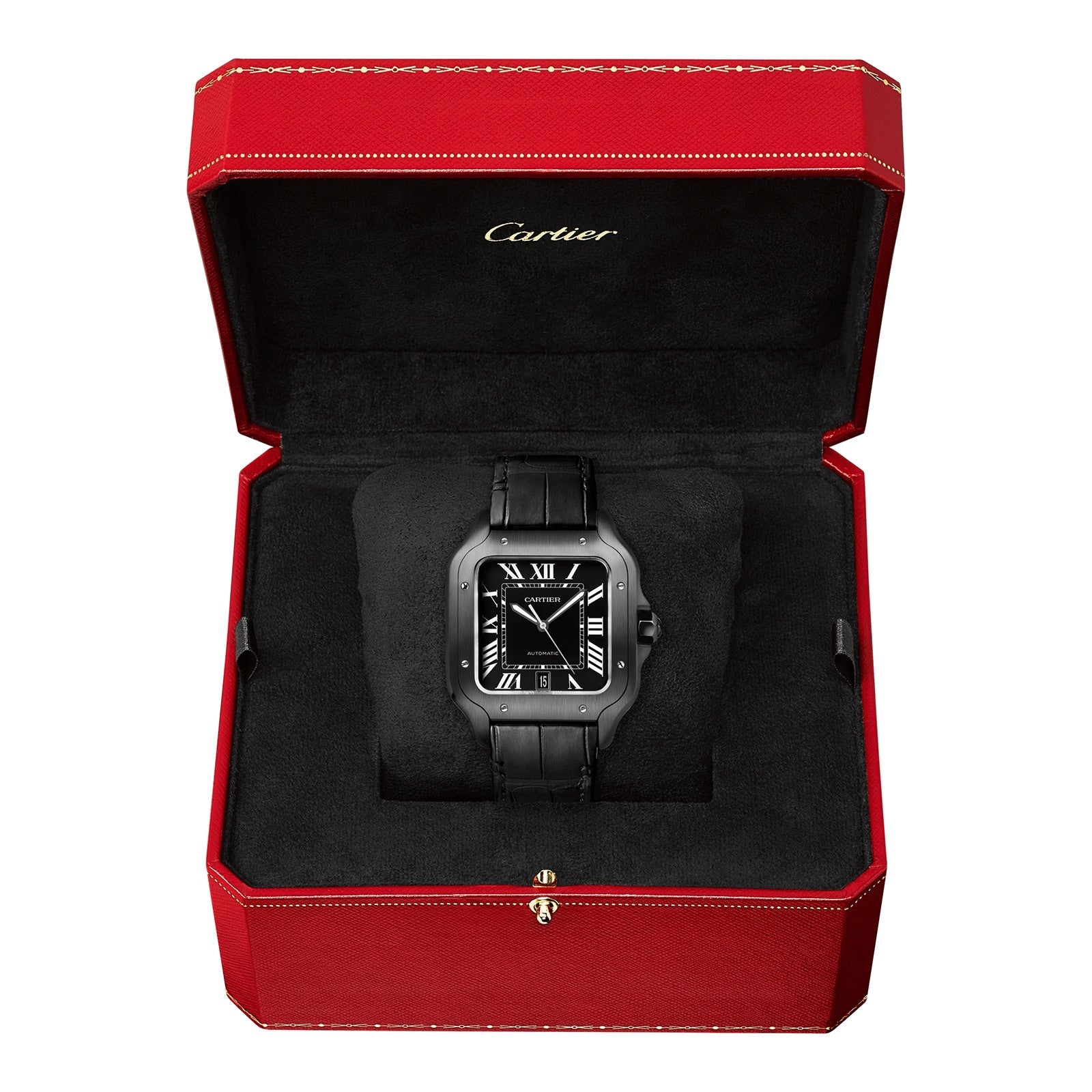 Santos De Cartier Watch Large Model, Automatic Movement, Steel, ADLC, Interchangeable Rubber And Leather Bracelets