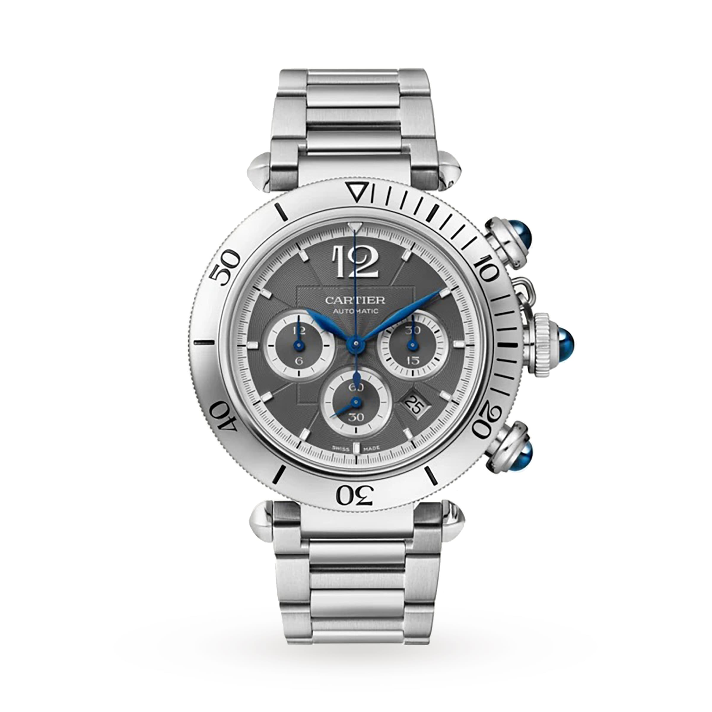 Pasha De Cartier Watch 41mm, Chronograph, Automatic Movement, Steel, Dark Grey Dial, Interchangeable Metal And Leather Straps WSPA0027