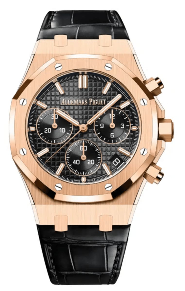 Royal Oak Automatic Chronograph Black Dial 18k Rose Gold Leather Strap Men's Watch